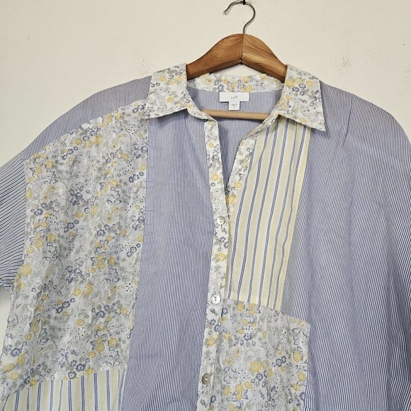 J. Jill Womens Floral Patchwork Button Up Blouse Size L Eyelet - Picture 2 of 9